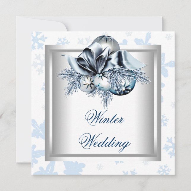 Invitation Mariage d'hiver Bleu Blanc Flocon de neige (Devant)