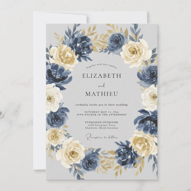 Invitation Mariage d'hiver bleu marine illustre (Devant)