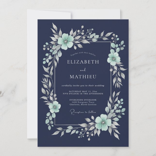 Invitation Mariage d'hiver bleu marine poli (Devant)
