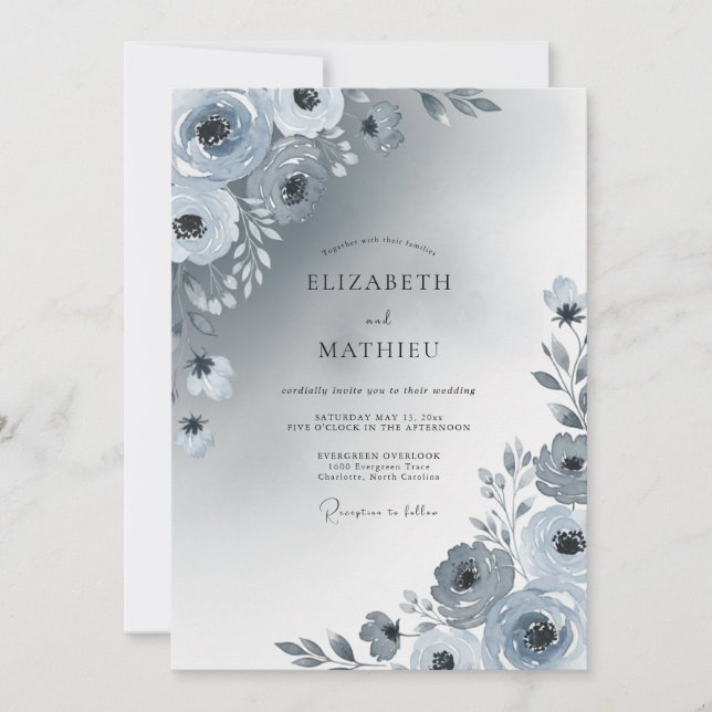 Invitation Mariage d'hiver bleu poussiéreux scintillant (Devant)