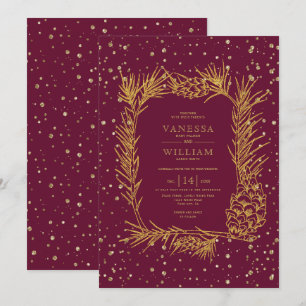 Invitation Mariage d'hiver bordeaux pin doré et confettis