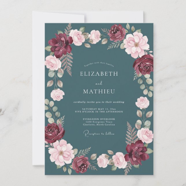 Invitation Mariage d'hiver bordeaux sarcelle d'humeur (Devant)
