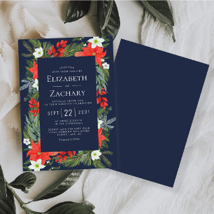 Invitation Mariage d'hiver botanique bleu marine de Noël