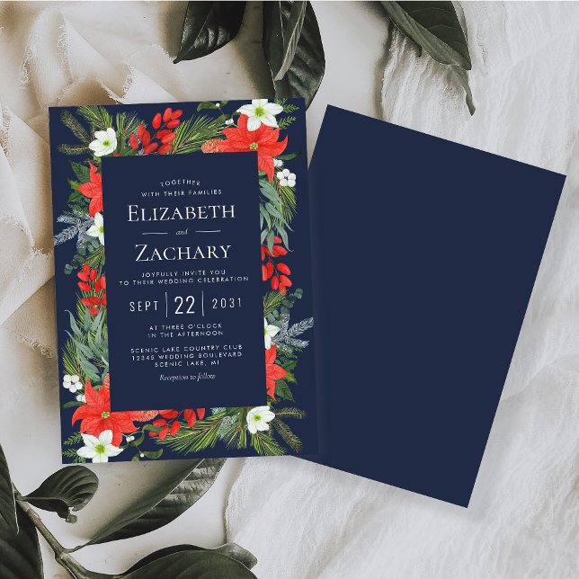 Invitation Mariage d'hiver botanique bleu marine de Noël (Créateur téléchargé)