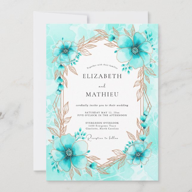 Invitation Mariage d'hiver botanique fantaisiste turquoise (Devant)