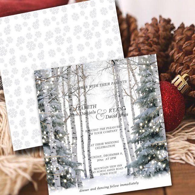 Invitation Mariage d'hiver bouleau blanc flocons de neige pin (Créateur téléchargé)