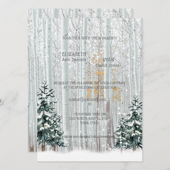 Invitation Mariage d'hiver : bouleaux blancs et pins enneigés (Devant / Derrière)
