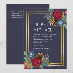 Invitation Mariage d'hiver Bourgogne Turquoise Bleu moderne