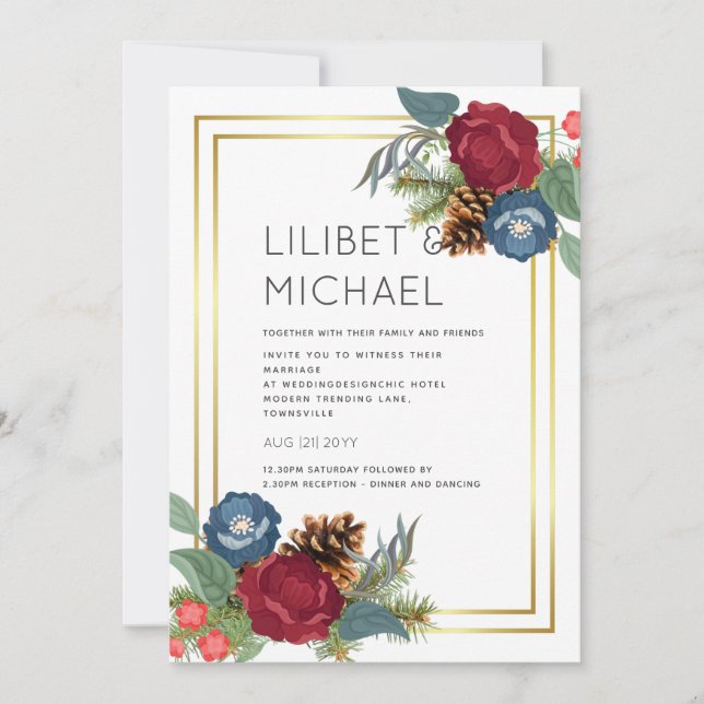 Invitation Mariage d'hiver Bourgogne Turquoise Bleu moderne (Devant)
