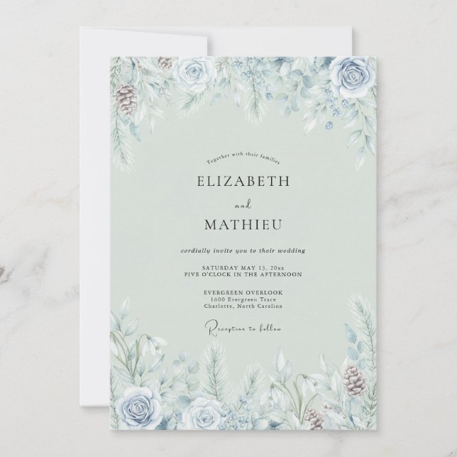 Invitation Mariage d'hiver brumeux vert sauge (Devant)