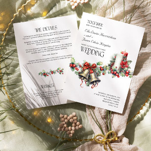 Invitation Mariage d'hiver Cloches de houx Baies rouges et dé