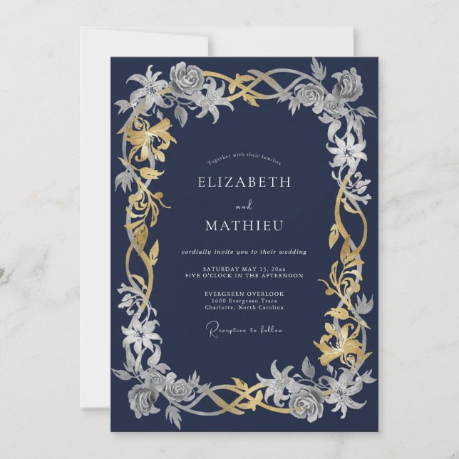 Invitation Mariage d'hiver complexe bleu marine (Devant)