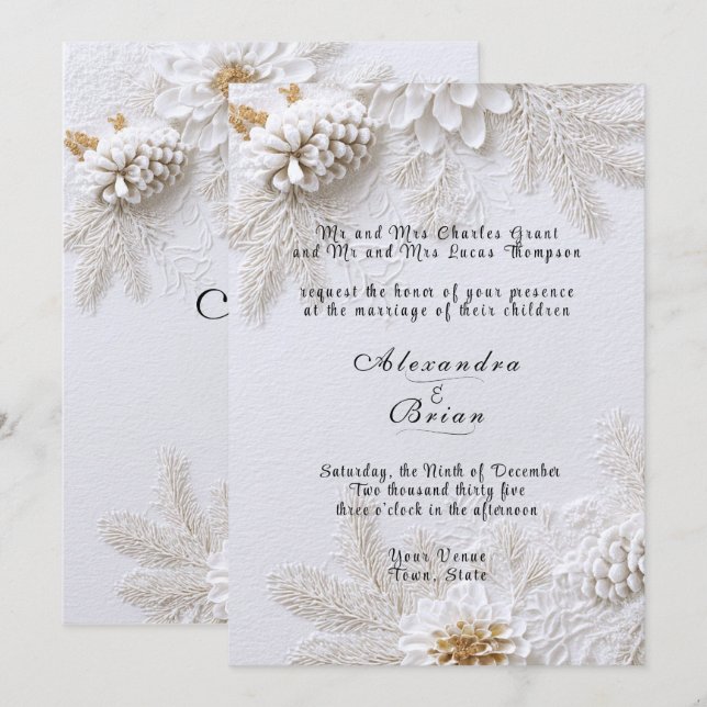 Invitation Mariage d'hiver Cônes de pin Branches de pin dorés (Devant / Derrière)