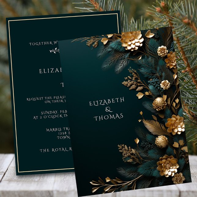 Invitation Mariage d'hiver  Cônes de pin dorés Aiguilles de p (Créateur téléchargé)