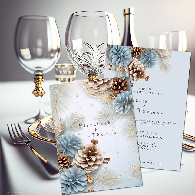Invitation Mariage d'hiver Cônes de pin Moderne Bleu Marron B (Créateur téléchargé)