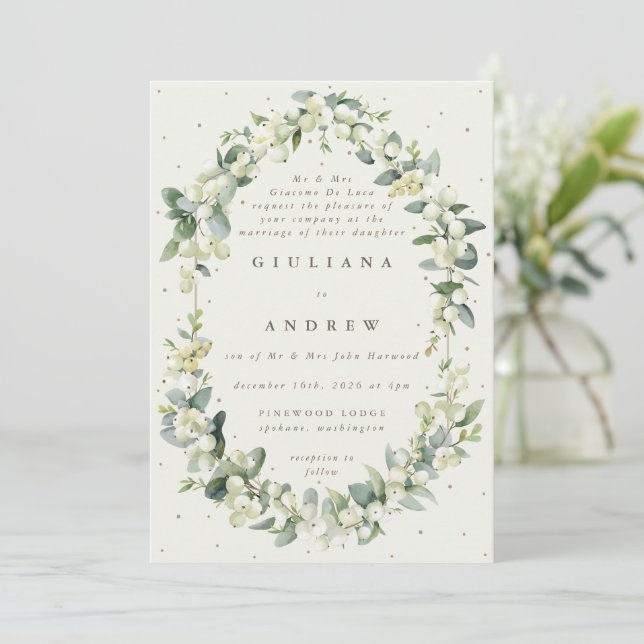 Invitation Mariage d'hiver crème formel Snowberry+Eucalyptus (Debout devant)