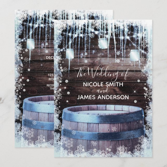 Invitation Mariage d'hiver dans une grange rustique avec tonn (Devant / Derrière)