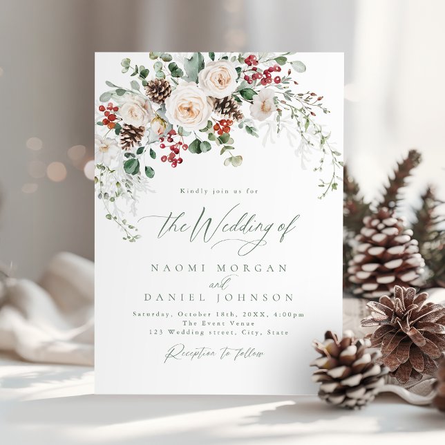 Invitation Mariage d'hiver de Fête Florale Élégante (Elegant Festive Floral Holiday Winter Wedding Invitation)