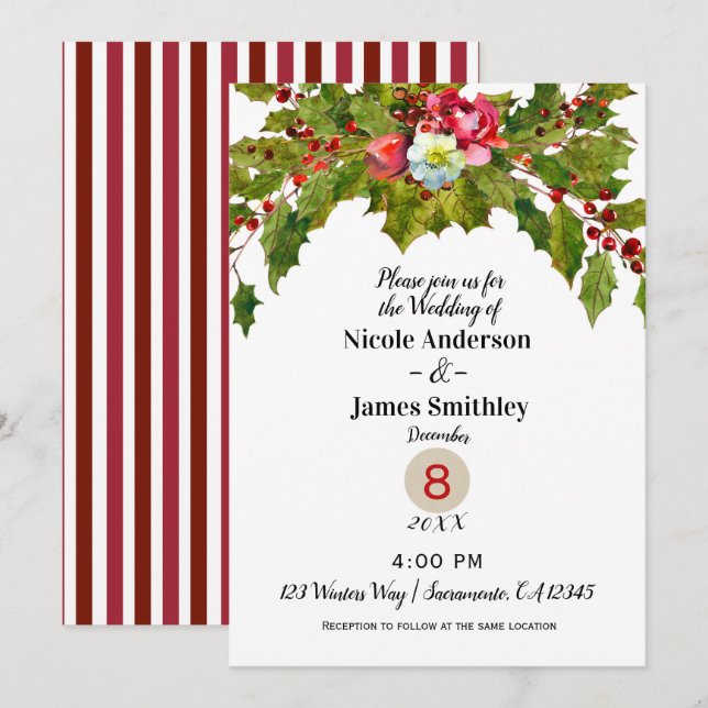 Invitation Mariage d'hiver de Noël aux baies de houx (Devant / Derrière)