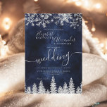 Invitation Mariage d'hiver de Noël dans la marine de pin d'ar<br><div class="desc">C'est le moment de célébrer votre thème mariage hiver merveilleux avec cette luxueuse parties scintillant de neige étincelante et la forêt de pins de parties scintillant argentée sur un élégant arrière - plan d'aquarelle bleu marine,  avec une typographie de police de script cool moderne.</div>