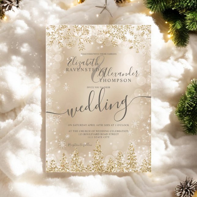Invitation Mariage d'hiver de Noël en pin d'or argenté (Silver gold snow pine Christmas winter wedding Invitation)
