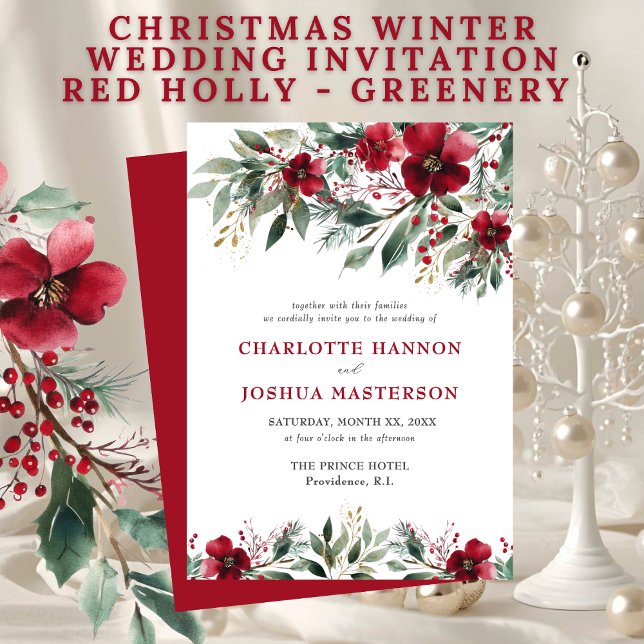 Invitation Mariage d'hiver de Noël Rouge Houx et Verdure (Créateur téléchargé)