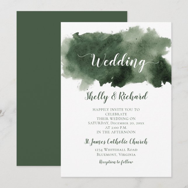 Invitation Mariage d'hiver de Pine Green Watercolor Wash (Devant / Derrière)