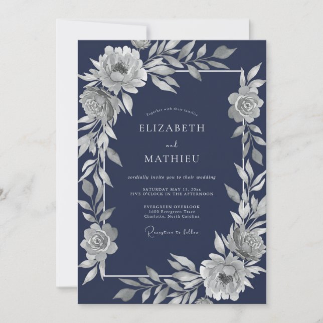 Invitation Mariage d'hiver distingué bleu marine (Devant)