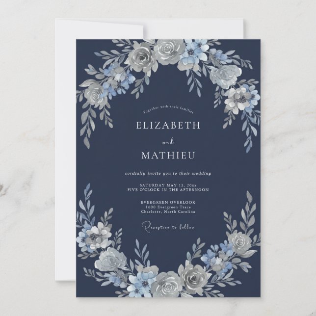 Invitation Mariage d'hiver divin bleu marine (Devant)