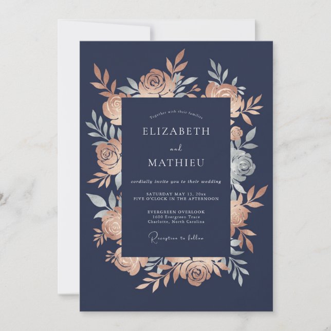 Invitation Mariage d'hiver doré et bleu marine (Devant)