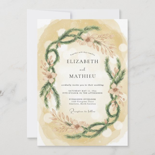 Invitation Mariage d'hiver doré et cosy (Devant)