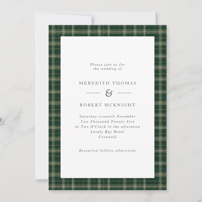 Invitation Mariage d'hiver écossais Tartan vert (Devant)