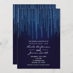 Invitation Mariage d'hiver Elégant bleu étincelant cordes lum