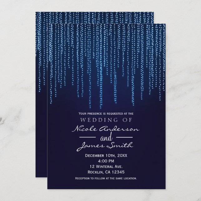 Invitation Mariage d'hiver élégant bleu scintillant guirlande (Devant / Derrière)