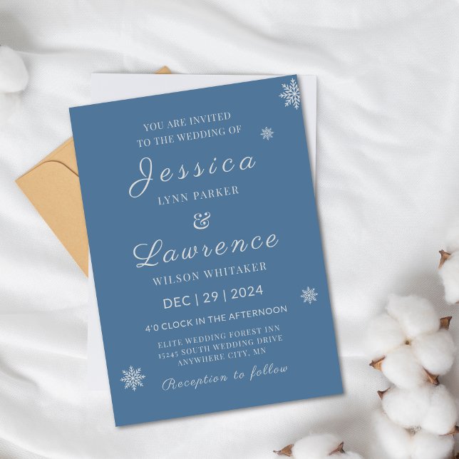 Invitation Mariage d'hiver Elégant Dusty Bleu Argent (Modern Elegant Snow Dusty Blue Silver Winter Wedding Invitations)