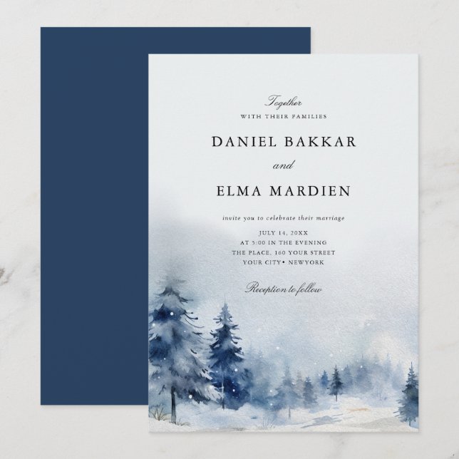 Invitation Mariage d'hiver élégant et moderne à l'aquarelle (Devant / Derrière)