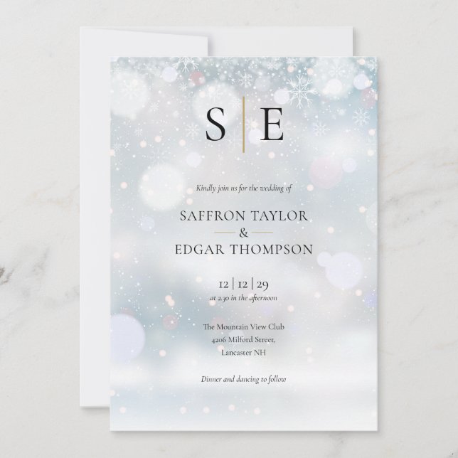 Invitation Mariage d'hiver élégant or noir Monogramme (Devant)