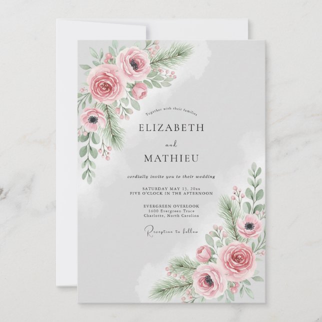 Invitation Mariage d'hiver embrumé rose pêche (Devant)