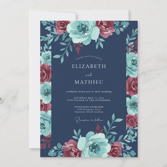 Invitation Mariage d'hiver en bleu marine et sarcelle (Devant)
