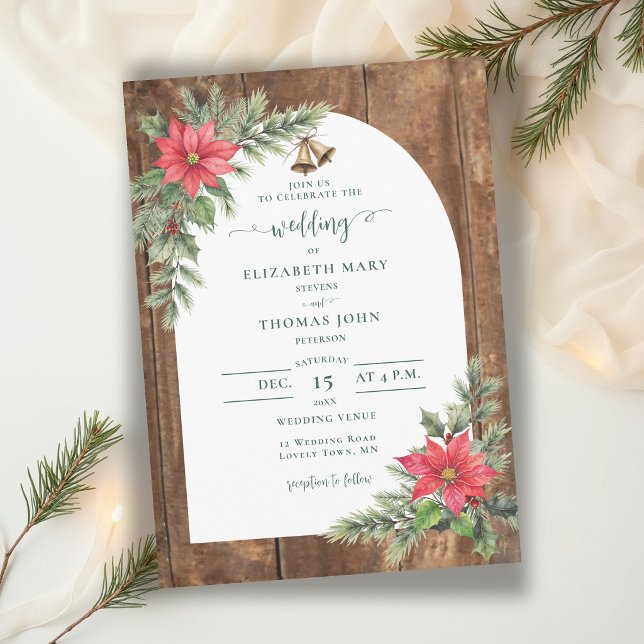 Invitation Mariage d'hiver en bois rustique de grange avec ar (winter wedding invitation rustic wood greenery floral poinsettia christmas green red elegant )