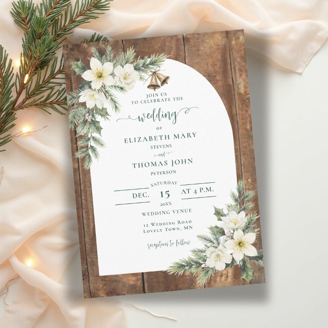 Invitation Mariage d'hiver en bois rustique de grange avec ar (winter wedding invitation rustic barn wood christmas roses greenery white hellebore bells elegant)