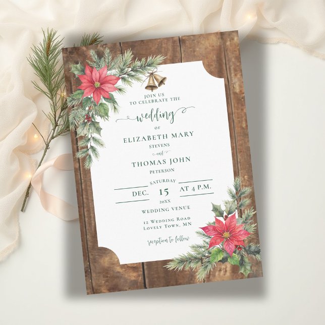 Invitation Mariage d'hiver en bois rustique de grange avec ve (winter wedding invitation rustic barn wood greenery floral poinsettia christmas green red elegant )