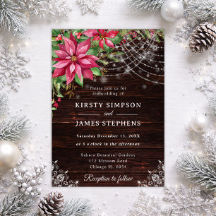 Invitation Mariage d'hiver en bois rustique et poinsettia