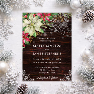 Invitation Mariage d'hiver en bois rustique et poinsettia