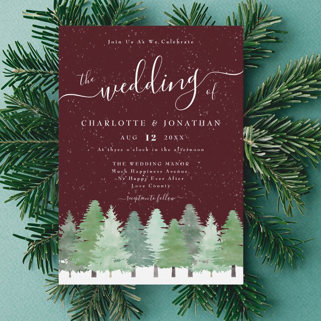 Invitation Mariage d'hiver en Bourgogne dans une forêt modern (Elegant woodland forest burgundy winter wedding invitation )