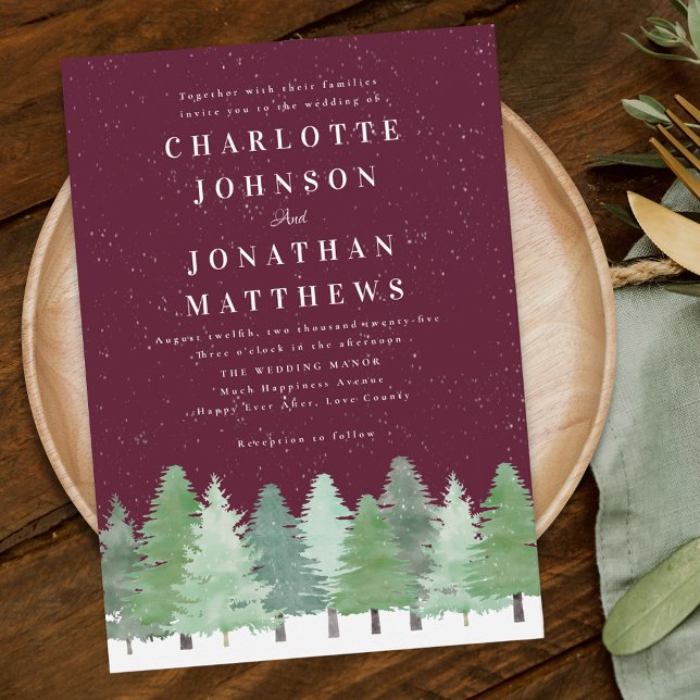 Invitation Mariage d'hiver en Bourgogne dans une forêt modern (Modern watercolor Woodland snow forest burgundy winter wedding invitation elegant script)