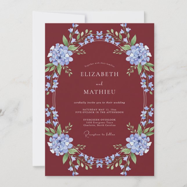Invitation Mariage d'hiver en burgundy et bleu pervenche (Devant)