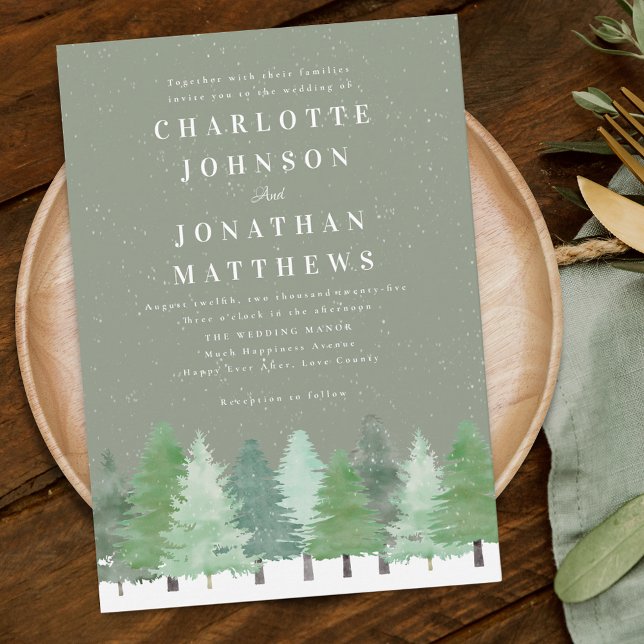 Invitation Mariage d'hiver en forêt boisée moderne, vert saug (Modern Woodland forest sage green winter wedding invitation Watercolor evergreen trees snow scene)