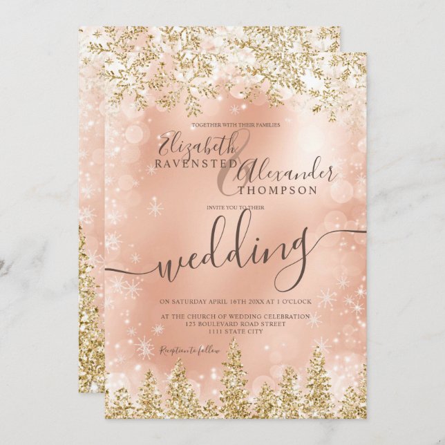 Invitation Mariage d'hiver en pin d'or rose (Devant / Derrière)
