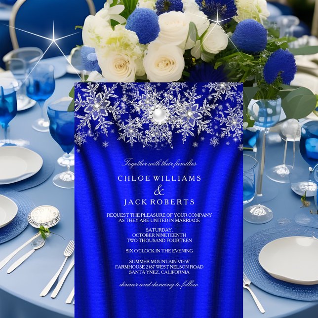 Invitation Mariage d'hiver en soie bleue perle flocon de neig (Créateur téléchargé)